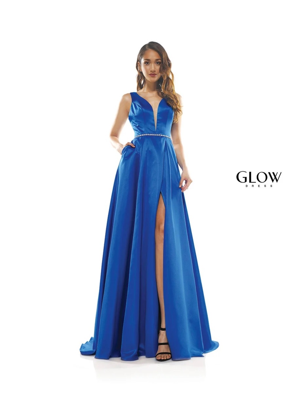 Glow Royal Blue Satin Prom Dress NWT Size 6 Crystal Waist Slit